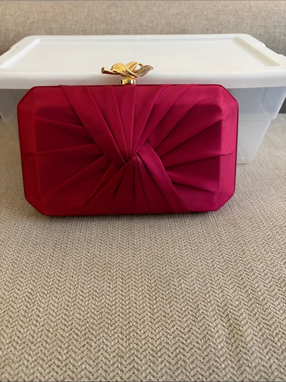Elegant fuchsia Satin Knot Clutch with Gold Leaf Clasp